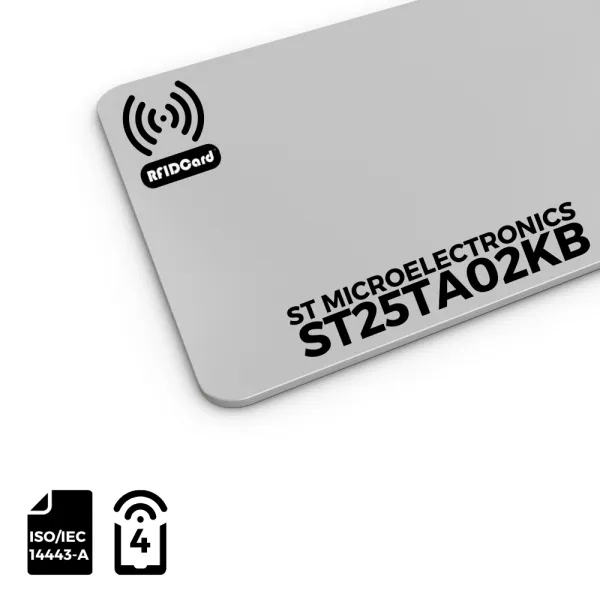 Secure HF RFID Card featuring STMicroelectronics ST25TA02KB technology with ISO 14443-A and NFC Type 4 Tag compliance.