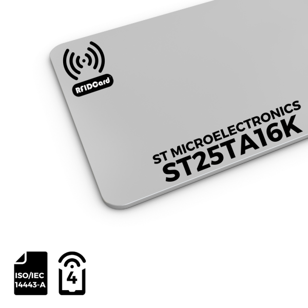 Professional HF RFID Card featuring STMicroelectronics ST25TA16K technology with 16k bits memory and ISO 14443-A compliance.