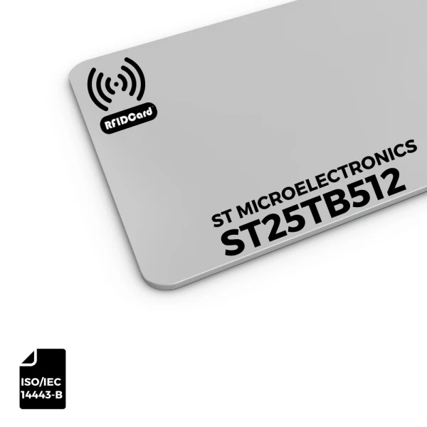 Secure HF RFID Card featuring STMicroelectronics ST25TB512 technology with ISO 14443-B compliance and 512-bit EEPROM.
