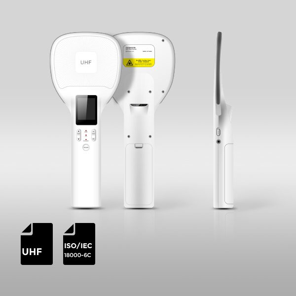 AZ-R2 Stylish UHF RFID handheld reader with integrated barcode scanning and Bluetooth data transmission for mobile asset management.