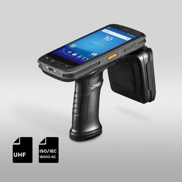 A professional industrial UHF RFID handheld reader featuring a color display and ergonomic grip handle