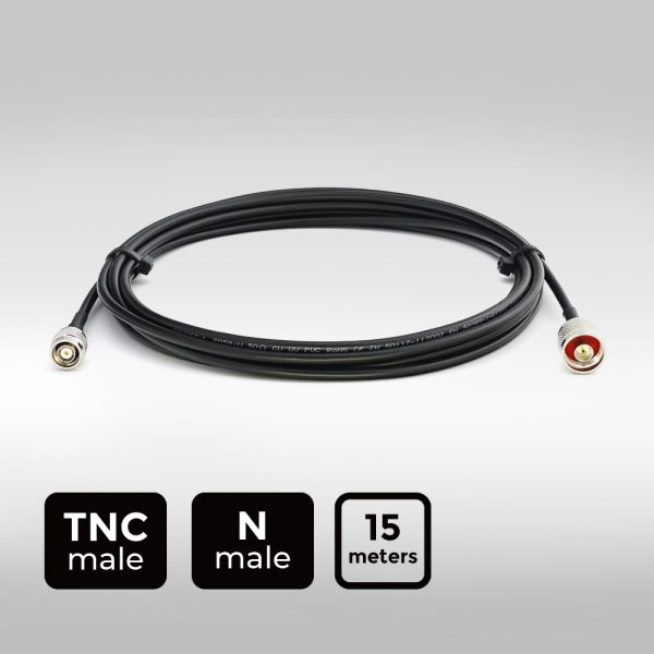 15-meter low-loss RF coaxial cable with TNC male and N male connectors coiled on a surface for UHF RFID fixed reader deployment