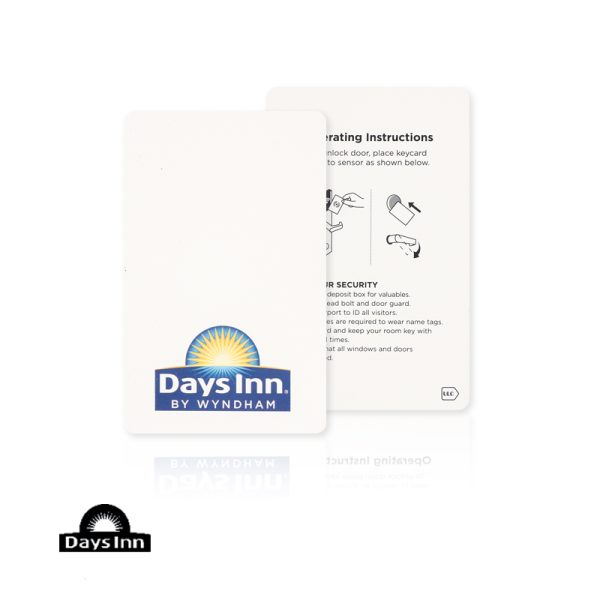 A blue and yellow Days Inn by Wyndham PVC hotel key card featuring iconic brand logos