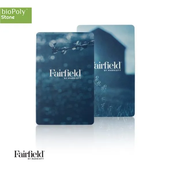 Sustainable BioPoly Stone key cards designed for Fairfield by Marriott featuring scenic nature aesthetics