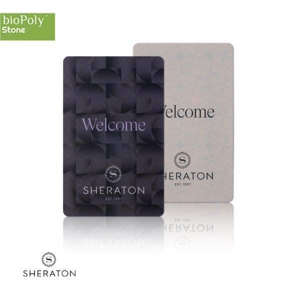 A sustainable BioPoly Stone Sheraton hotel key card featuring heritage branding and secure contactless technology
