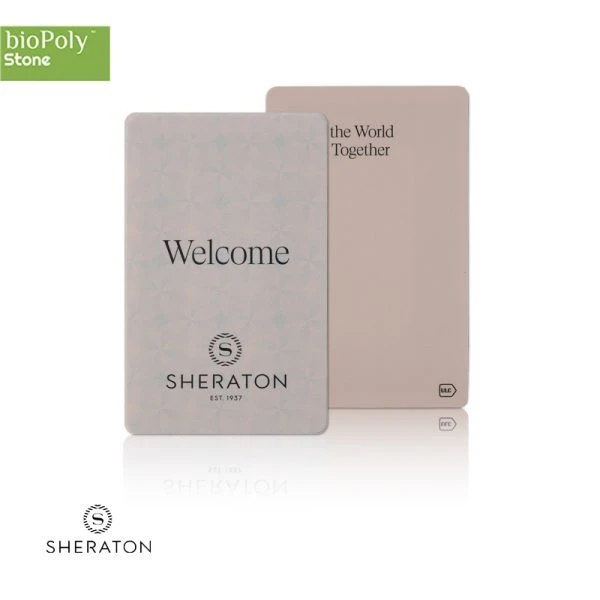 A sustainable BioPoly Stone Sheraton hotel key card featuring heritage branding and secure contactless technology