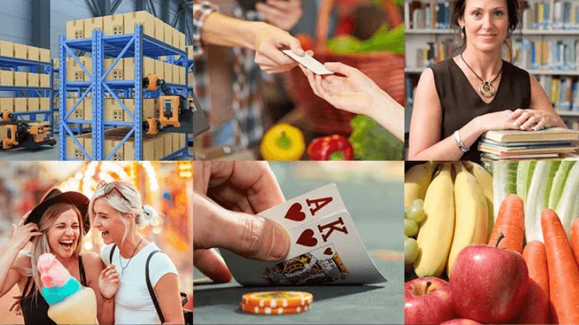 A multi-scene industrial and retail collage showing warehouse logistics, retail checkout transactions, and lifestyle identification applications