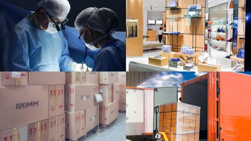 A multi-sector collage showing medical surgery, retail clothing display, and warehouse logistics for universal chip integration