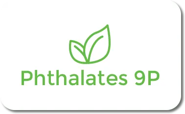 safe-Phthalates 9P A close-up view of a green leaf icon combined with the Phthalates 9P safety compliance certification badge