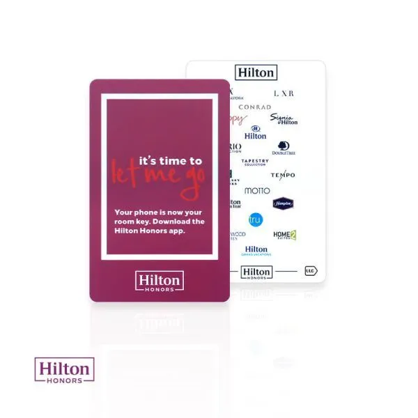 A purple edge composite hotel card featuring digital room key instructions and multiple hospitality group logos