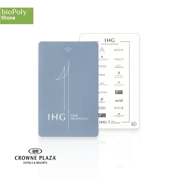 A sustainable BioPoly stone hotel key card featuring IHG and Crowne Plaza brand credentials