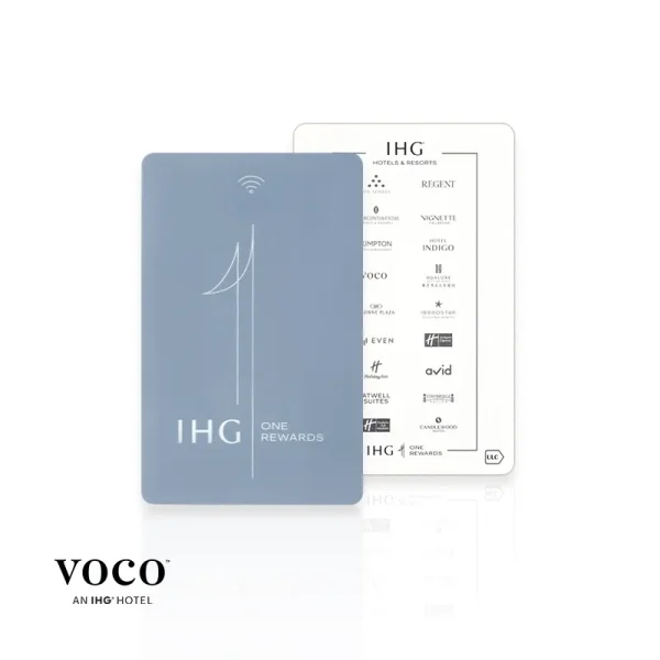 A blue PVC voco Hotels smart key card showcasing the IHG brand portfolio and a large stylized digit one