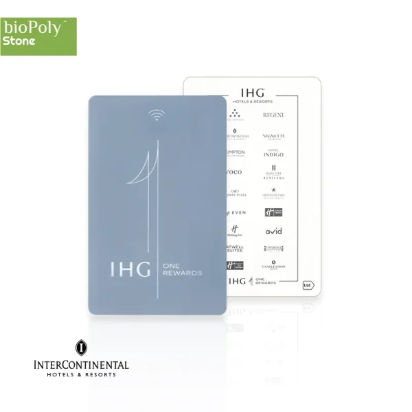 A sustainable bio-poly stone smart key card featuring the Intercontinental Hotels brand identity