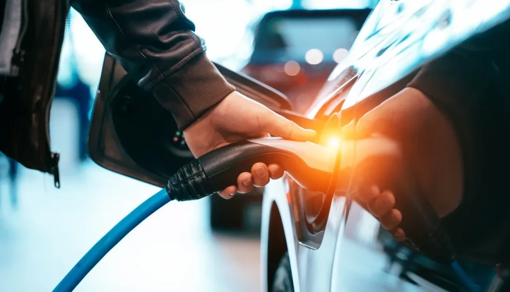 A person plugging a charging cable into an electric vehicle, representing the use of RFID technology in EV charging authentication.
