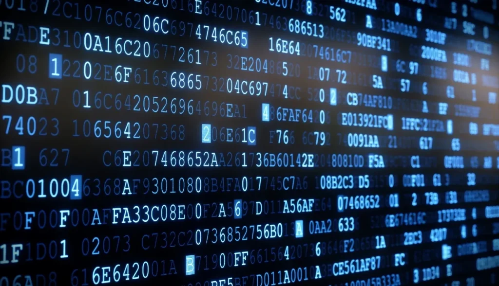 A screen filled with dense, glowing blue and white hexadecimal code (numbers and letters), representing a stream of binary data or the underlying structure of digital information.