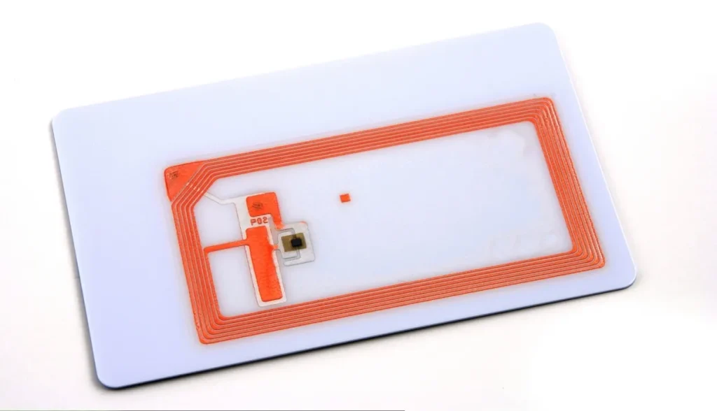 An RFID card showing its internal antenna and chip embedded in the card structure.