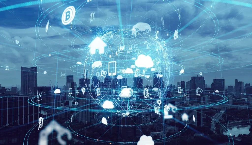 Digital illustration of interconnected smart devices and cloud icons forming a global network above a city skyline.