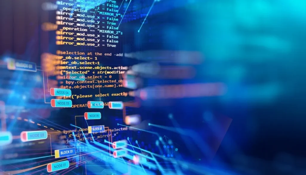 Digital data and code flow representing secure encryption and communication technology.