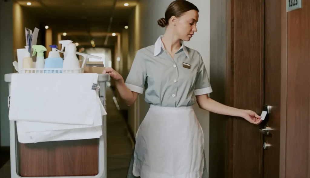 A housekeeping employee using an RFID card to access a hotel room while handling a cleaning cart.