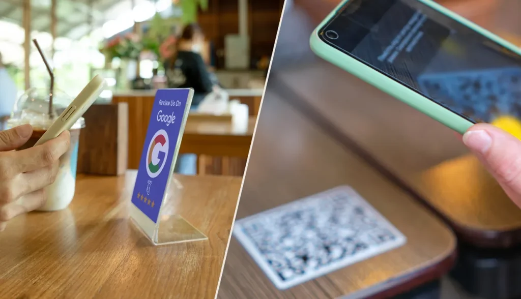 A comparison image showing a Google Review NFC card and a QR code review sticker, with branding elements for "Crooge" and "TOTAL" visible.