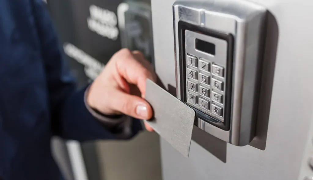 Contactless smart card being used on an access control keypad reader.