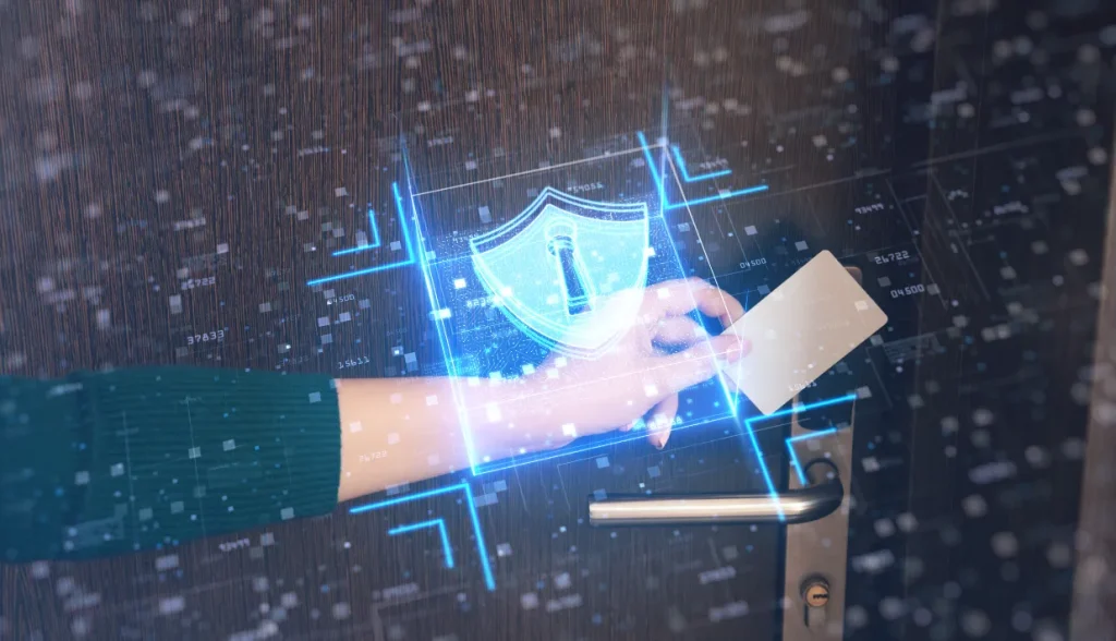 Digital shield overlay on a hand using an RFID key card, representing MIFARE chip security features.