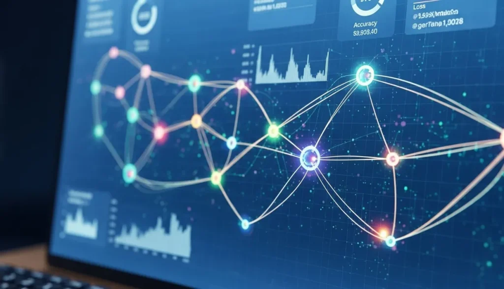 Digital network and data analytics visuals on a laptop screen, representing operational insights.