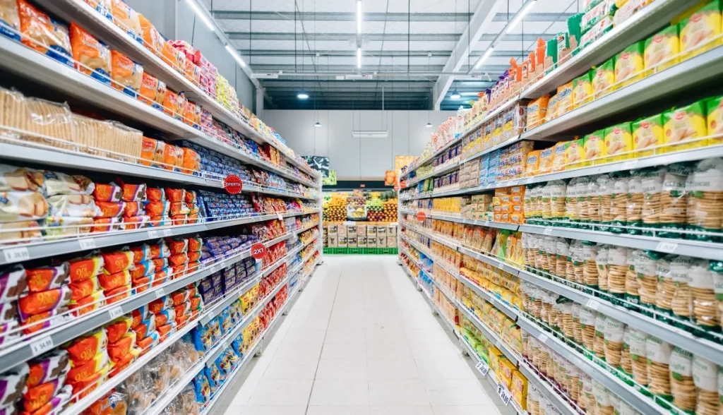 Well-stocked aisles in a retail grocery store.