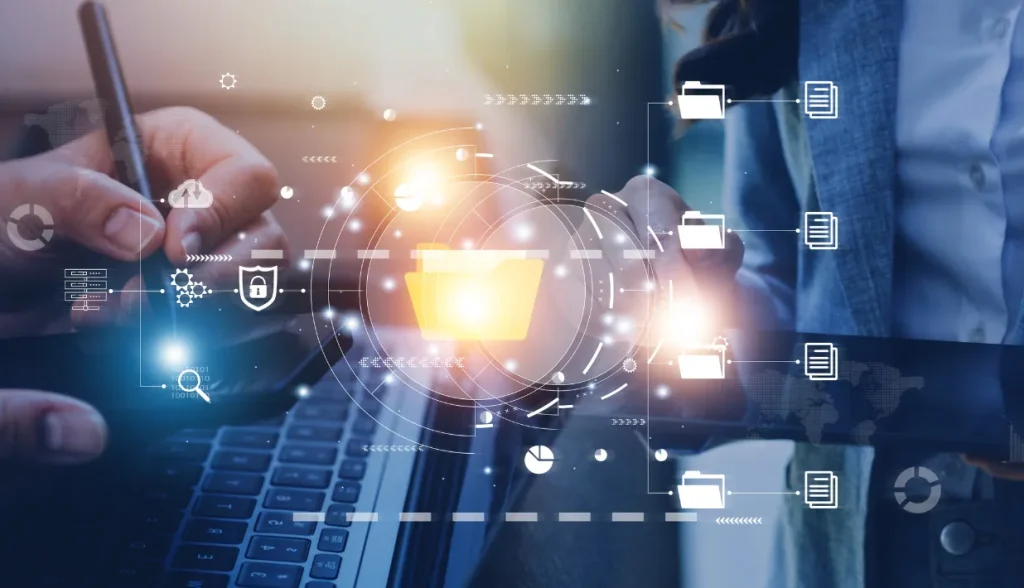 Hands working on devices, overlaid with digital icons (folders, security shields, gears) representing RFID technology infrastructure.