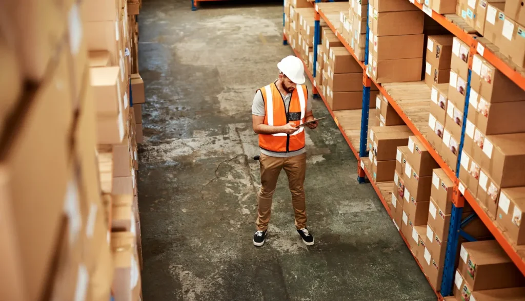 Warehouse worker in a safety vest and hard hat using a tablet (connected to a wearable device) to check inventory between shelving aisles