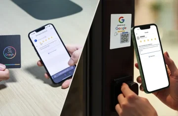 NFC Google Review Card vs. QR Review Stickers — Which One Fits Your Business Better An illustrated comparison of an NFC Google Review card and a QR review sticker, displayed with Google branding and star ratings.