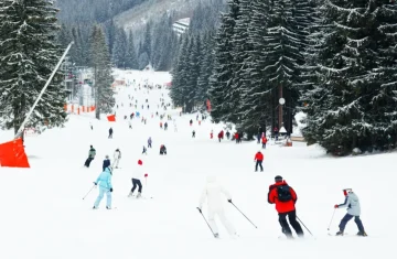 Why Ski Resorts Are Switching to RFID Cards Efficiency, Safety, and a Better Guest Experience A wide, busy ski slope at a mountain resort, with numerous skiers of all levels enjoying the snow-covered runs flanked by tall pine trees.