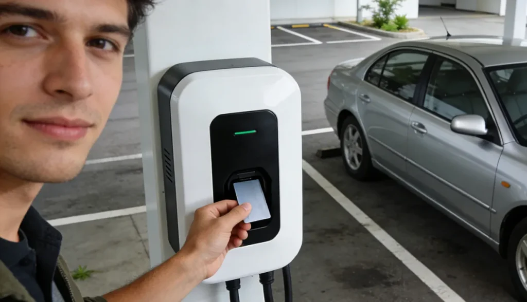 Man tapping an RFID card on an EV charging station reader in a covered parking lot.