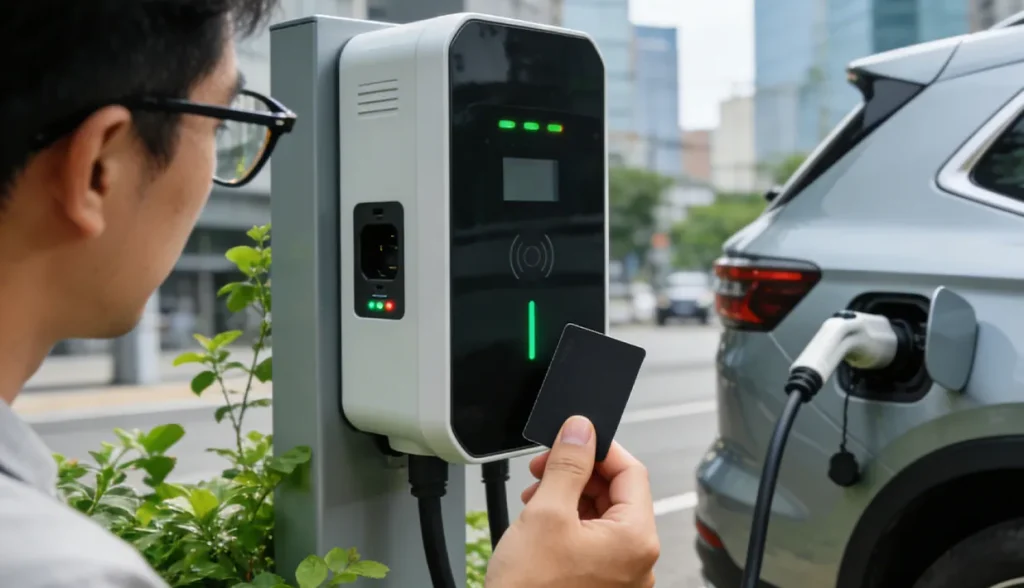 Person using an RFID card to activate an EV charger connected to a grey car.