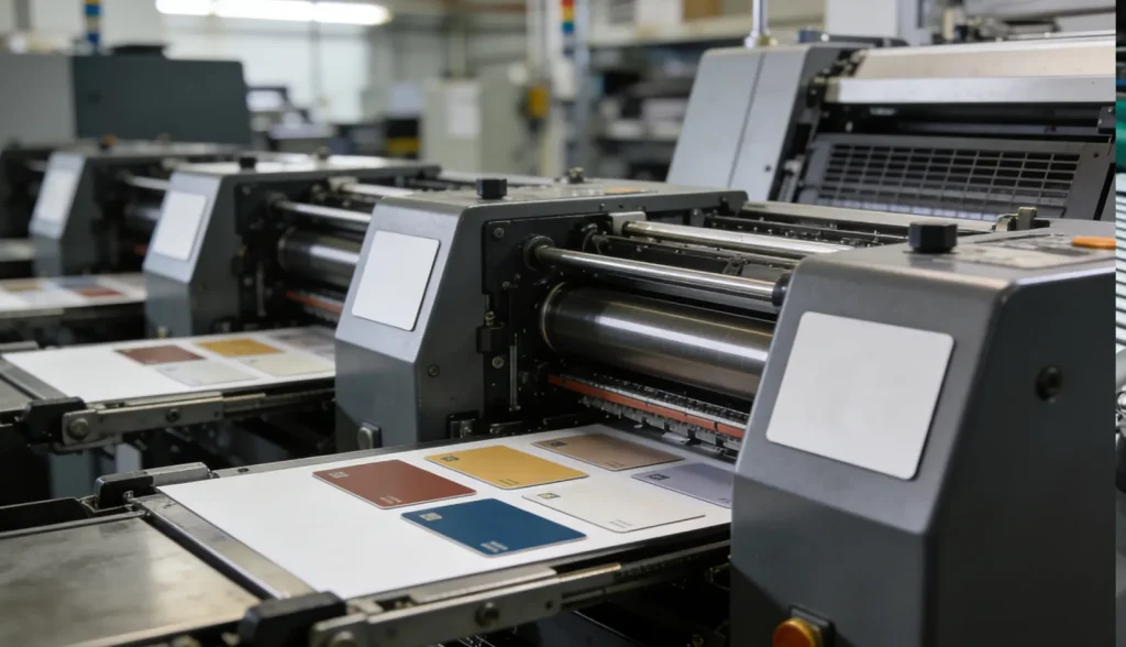 Industrial printing presses producing plastic cards in a factory.