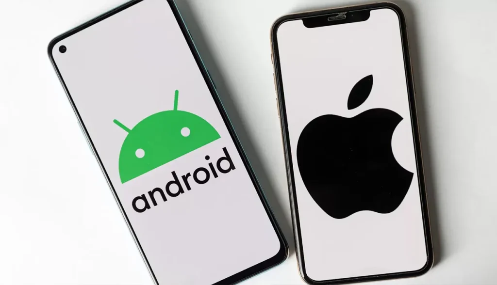 Side-by-side view of an Android smartphone and an iPhone, displaying their respective operating system logos.