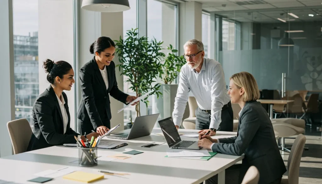 Diverse business team collaborating around a conference table in a modern office.