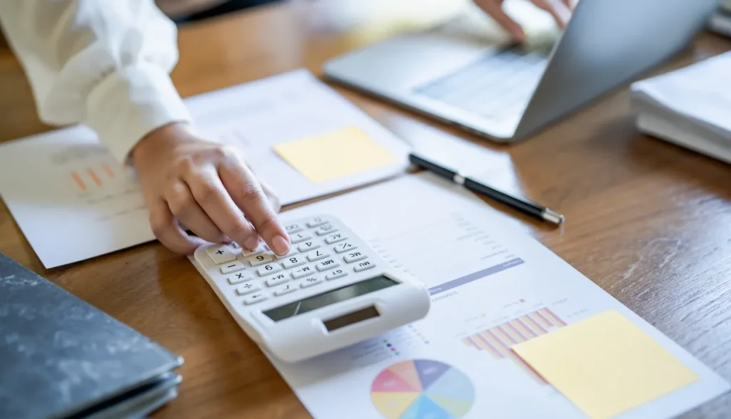 Close-up of hands using a calculator on financial documents with charts.