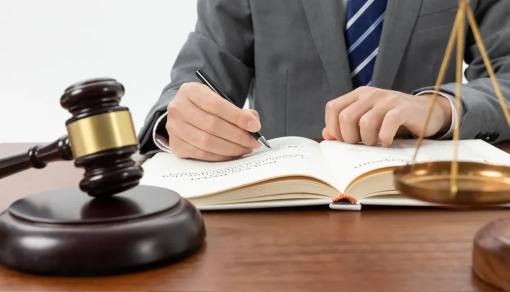 Legal professional writing at a desk with a gavel and balance scale.