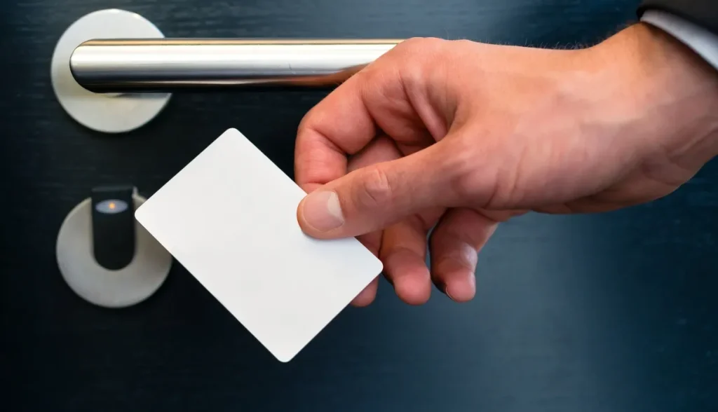 Hand holding a blank white RFID card in front of a dark door access panel