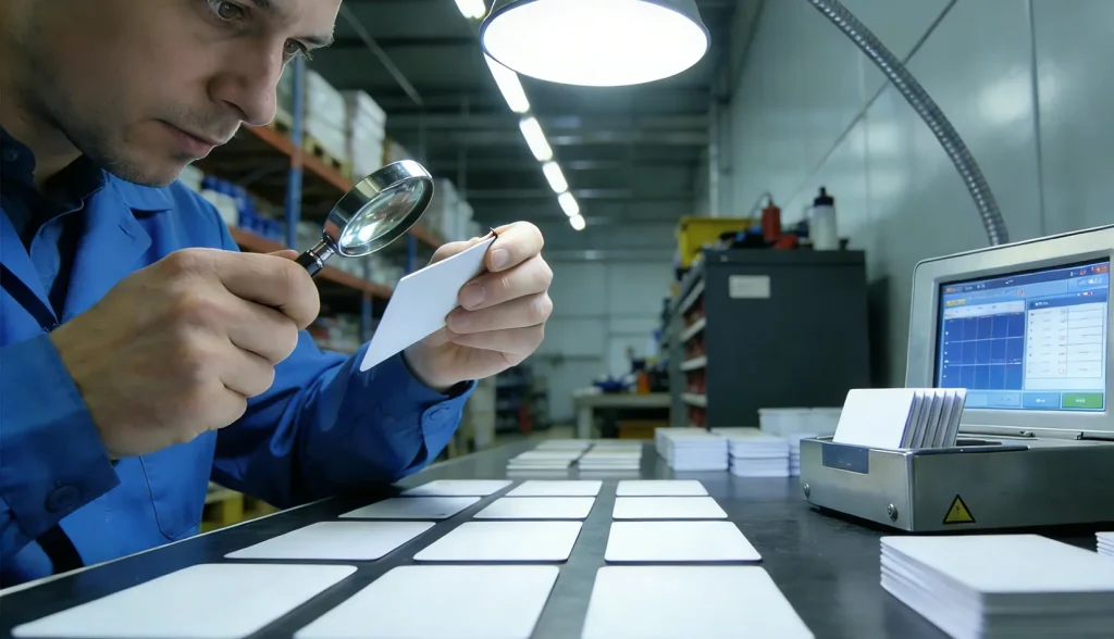 Quality control inspector examining a plastic card with a magnifying glass.