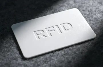 Types of RFID Chip Encryption From Basic to Advanced Security Close-up of a white RFID card with embossed "RFID" text on a dark fabric surface.