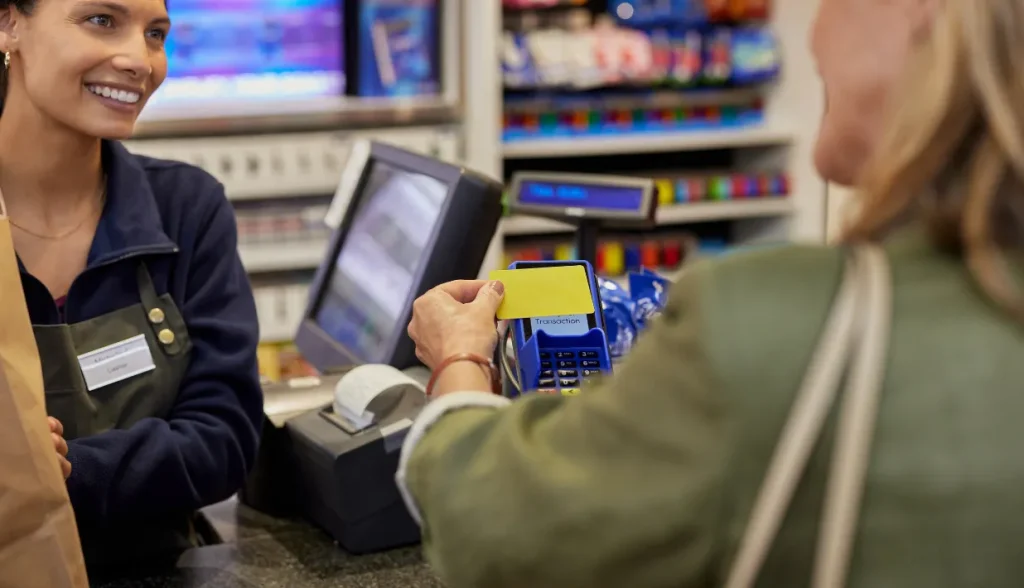 A customer tapping a yellow RFID card at a retail checkout terminal.