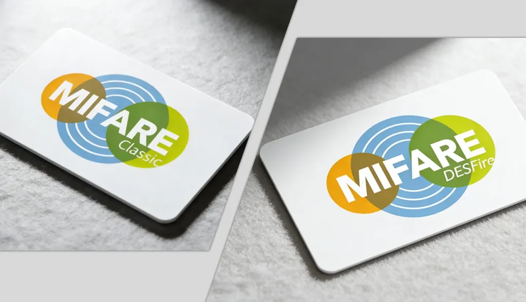 MIFARE Classic and MIFARE DESFire cards displayed side-by-side for direct comparison.