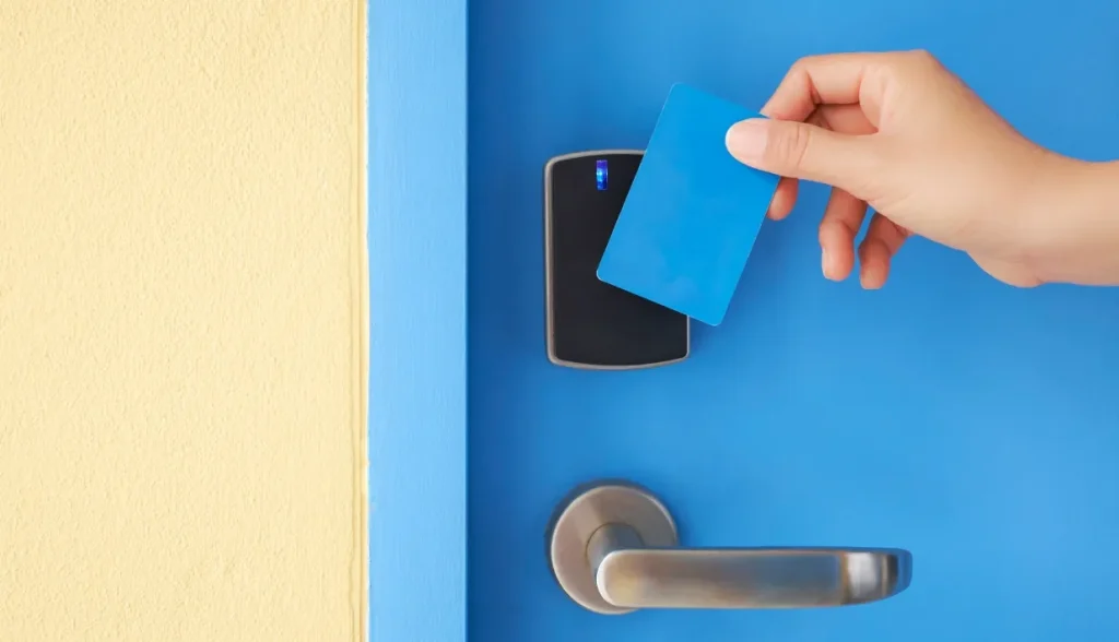 A person using a blue RFID card to unlock a door with a contactless reader, illustrating a typical access control use case.