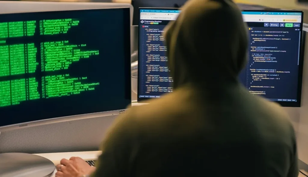 IT professional working at a desk with multiple monitors displaying code and system configuration interfaces.
