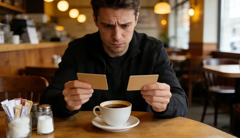 A man in a café examines two RFID cards, looking concerned about potential security threats.