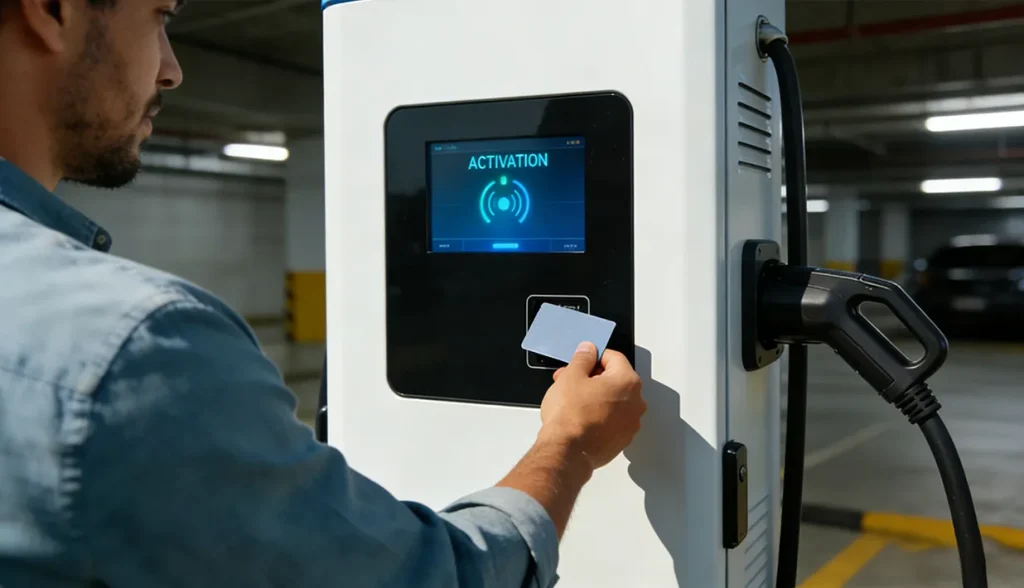 Man in a denim shirt tapping an RFID card on an EV charging station screen labeled 'ACTIVATION' in an indoor parking garage.