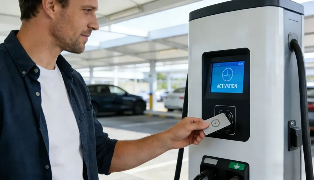 Man in a denim shirt tapping an RFID card on an outdoor EV charging station screen labeled 'ACTIVATION'.