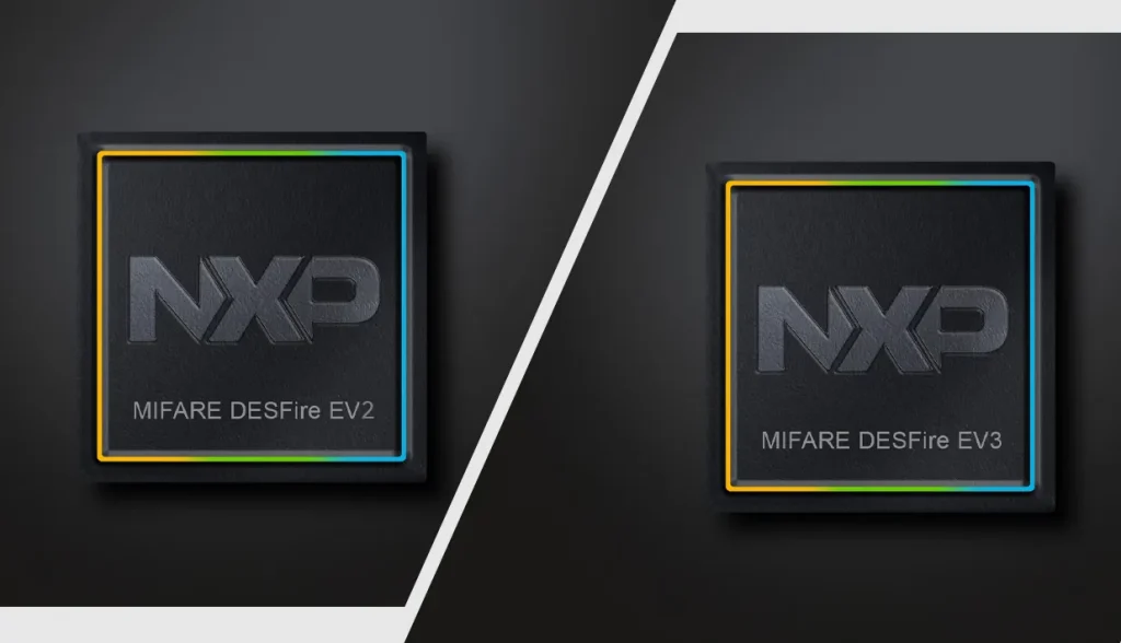 NXP MIFARE DESFire EV2 and EV3 secure NFC chips, representing AES-encrypted NFC card technology.